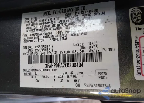 2012 Ford Fusion Se z USA, uszkodzony, nr VIN 3FAHP0HA2CR300404